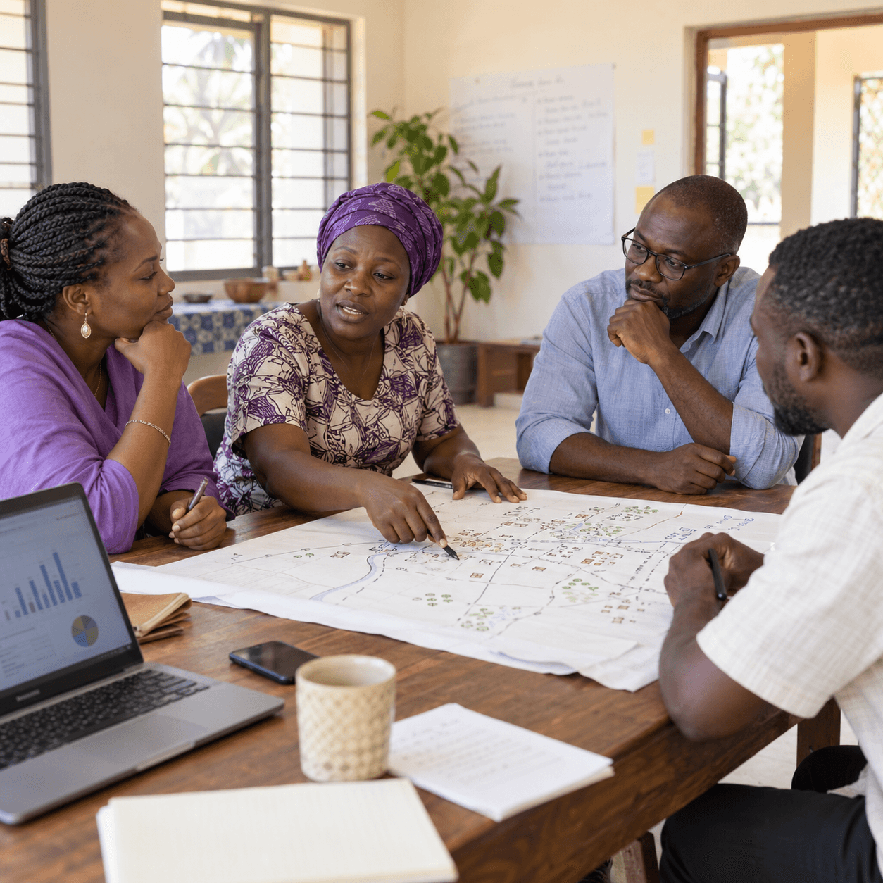 Illustrative community consultation workshop discussing programme priorities with mapping and data