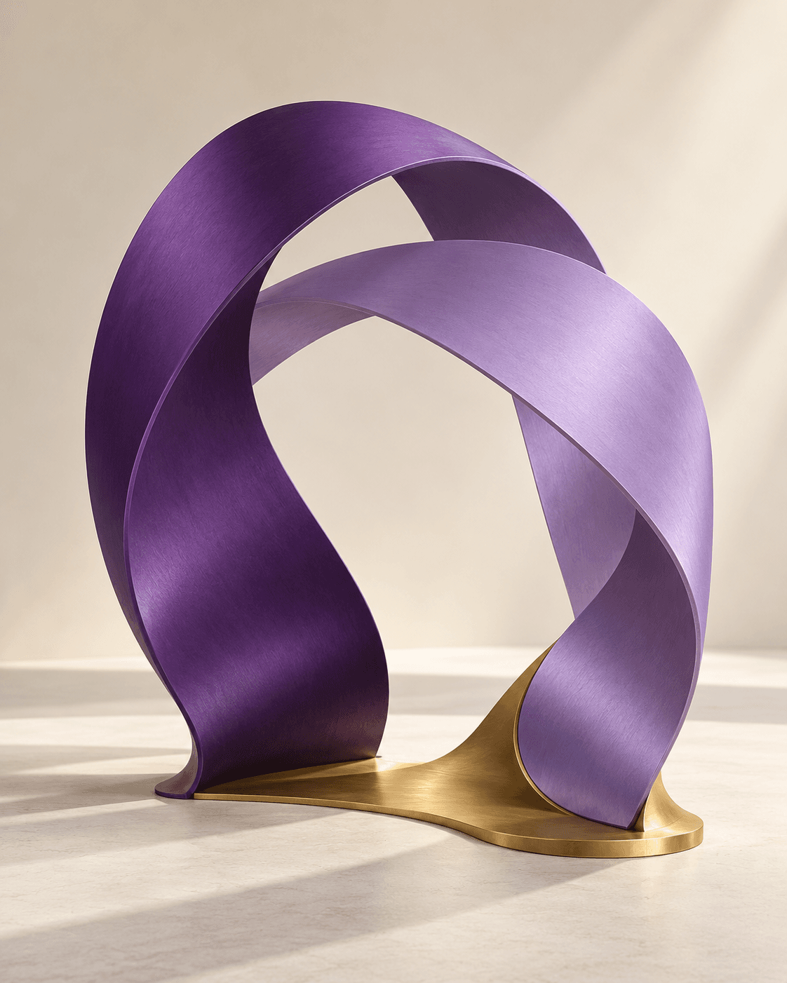 Interlocking purple and lavender architectural ribbons connected by a gold foundation